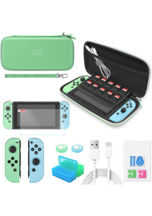 Switch Accessories Bundle - YUANHOT Essential Kit for Nintendo Switch with Carrying Storage Case, Screen Protector, Joy-Con Protective Cover, Games Holder, Thumb Grip Pack and USB C Cable  Green