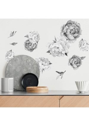 Peony Watercolor Wall Decals (Black and White Watercolor) - Peony Decor Flowers Wall Decals